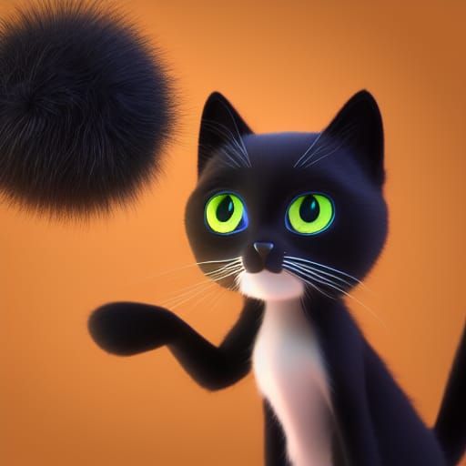 Cute Black Cat and Fur Ball: 3D Digital Art