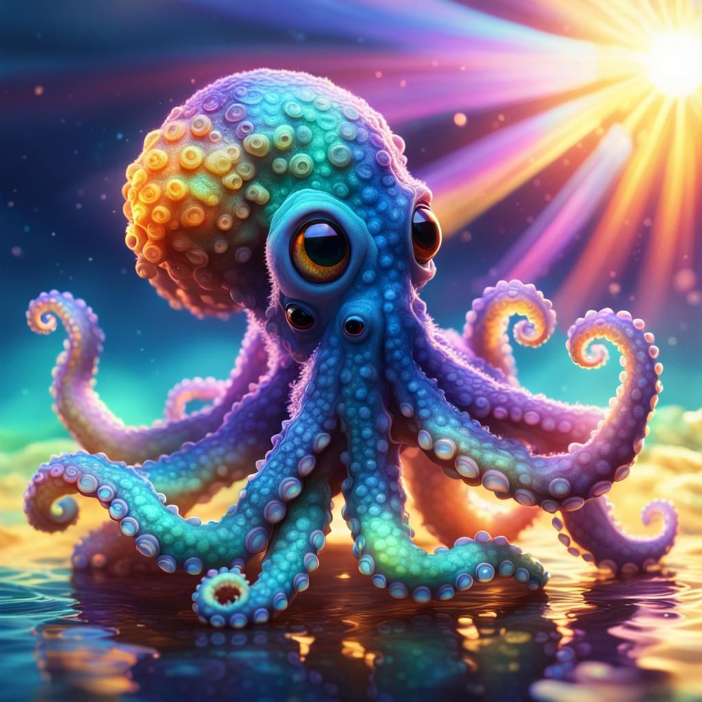 Fluffy Octopus Touches the Sun: Pixar-Style 3D Art