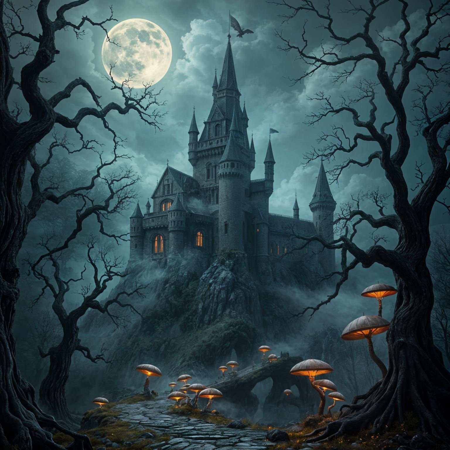 Medieval Castle Shrouded in Mystical Moonlit Landscape