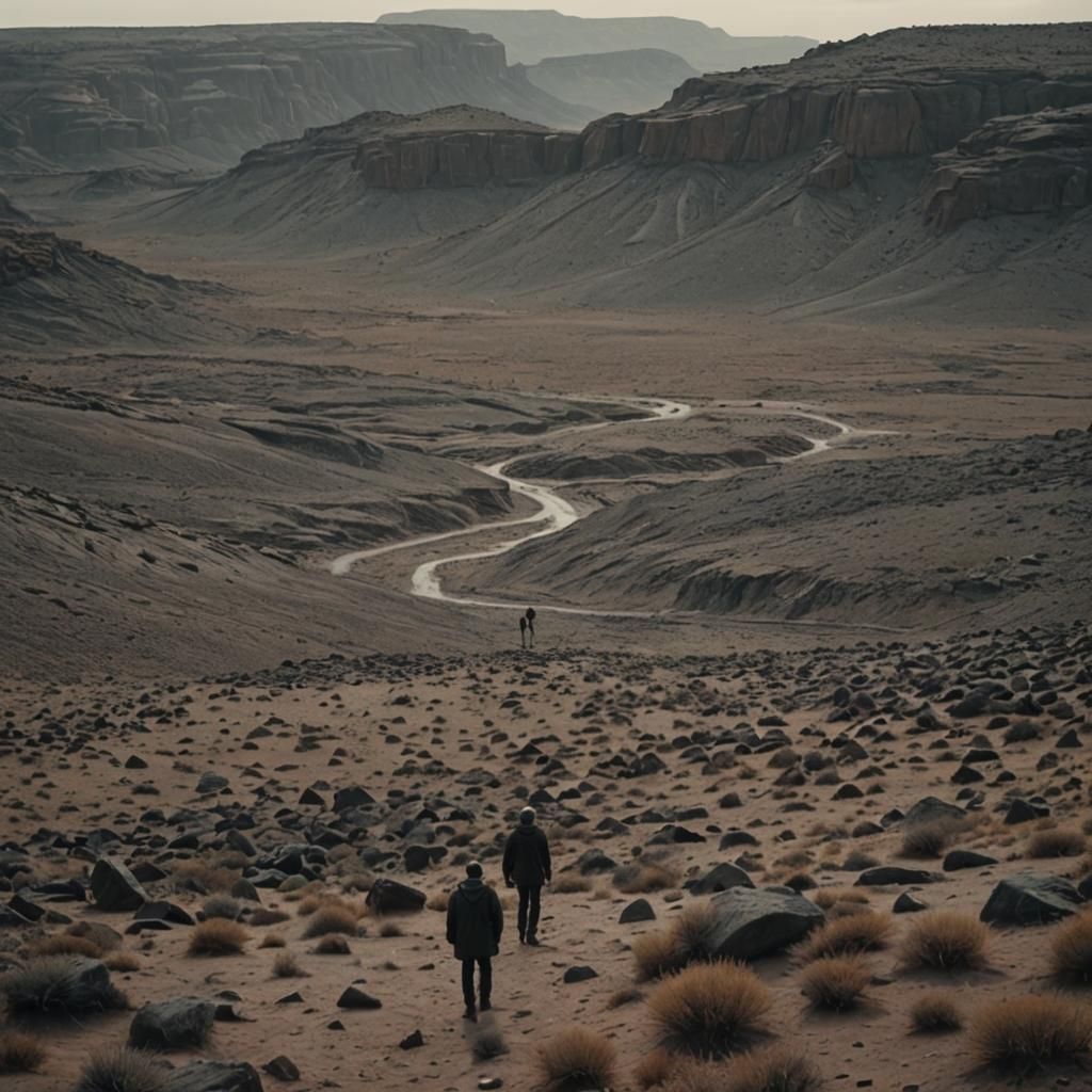 Monochrome Figure in Barren Landscape: Cinematic Still