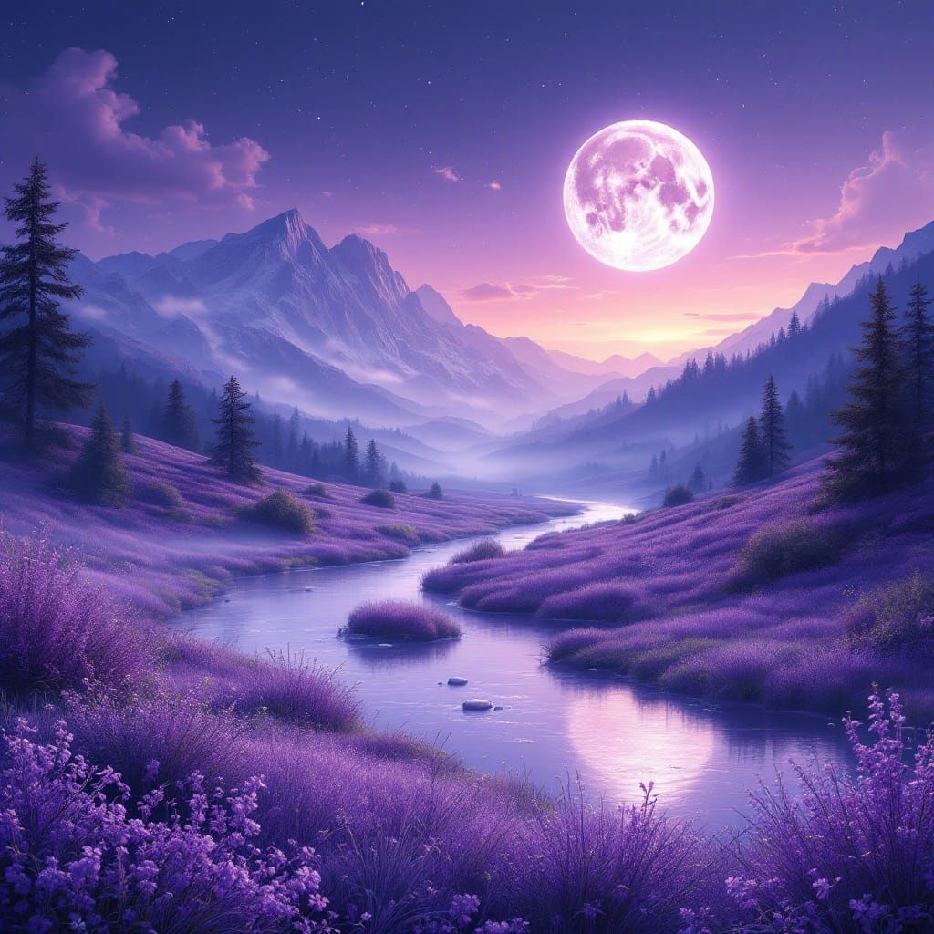 Dreamy Lilac Mountain Landscape at Dusk with Tranquil River ...
