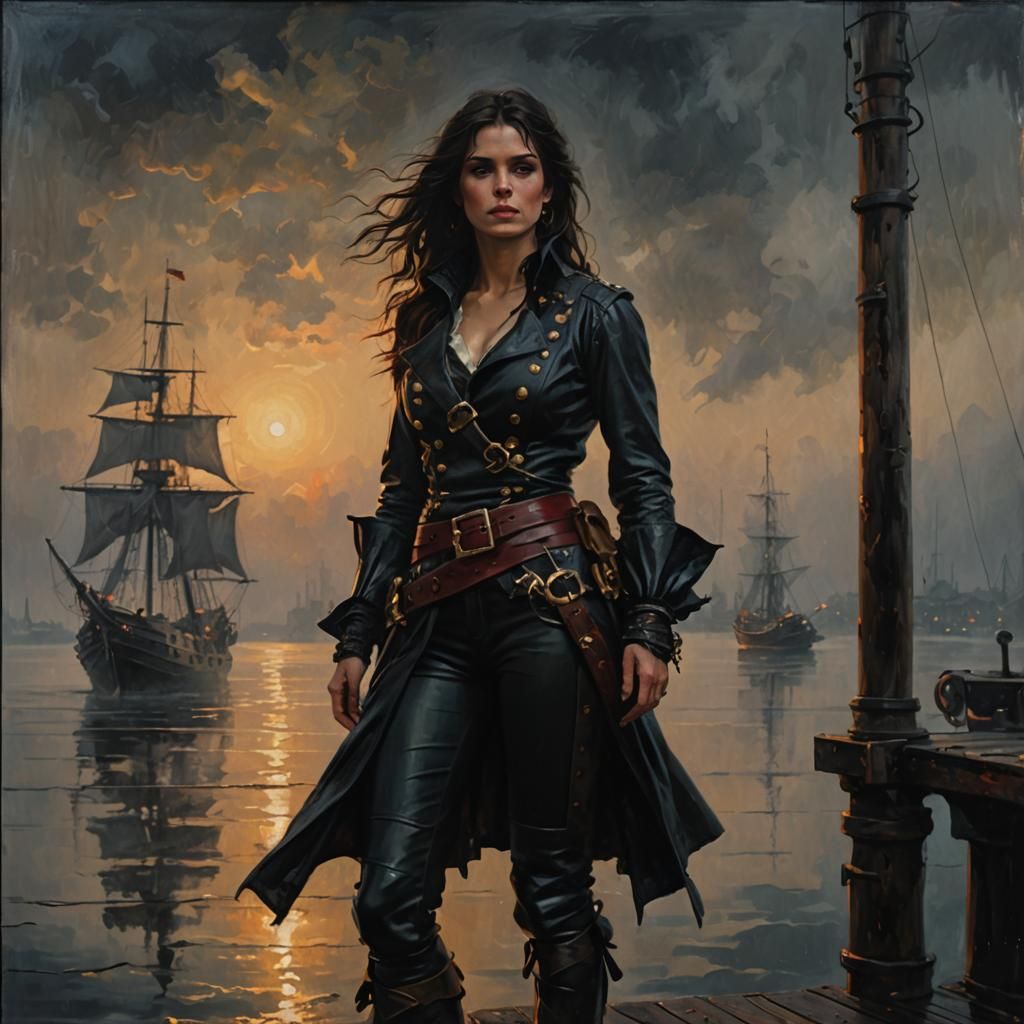 A tall, dark haired Russian female pirate, dressed in black ...