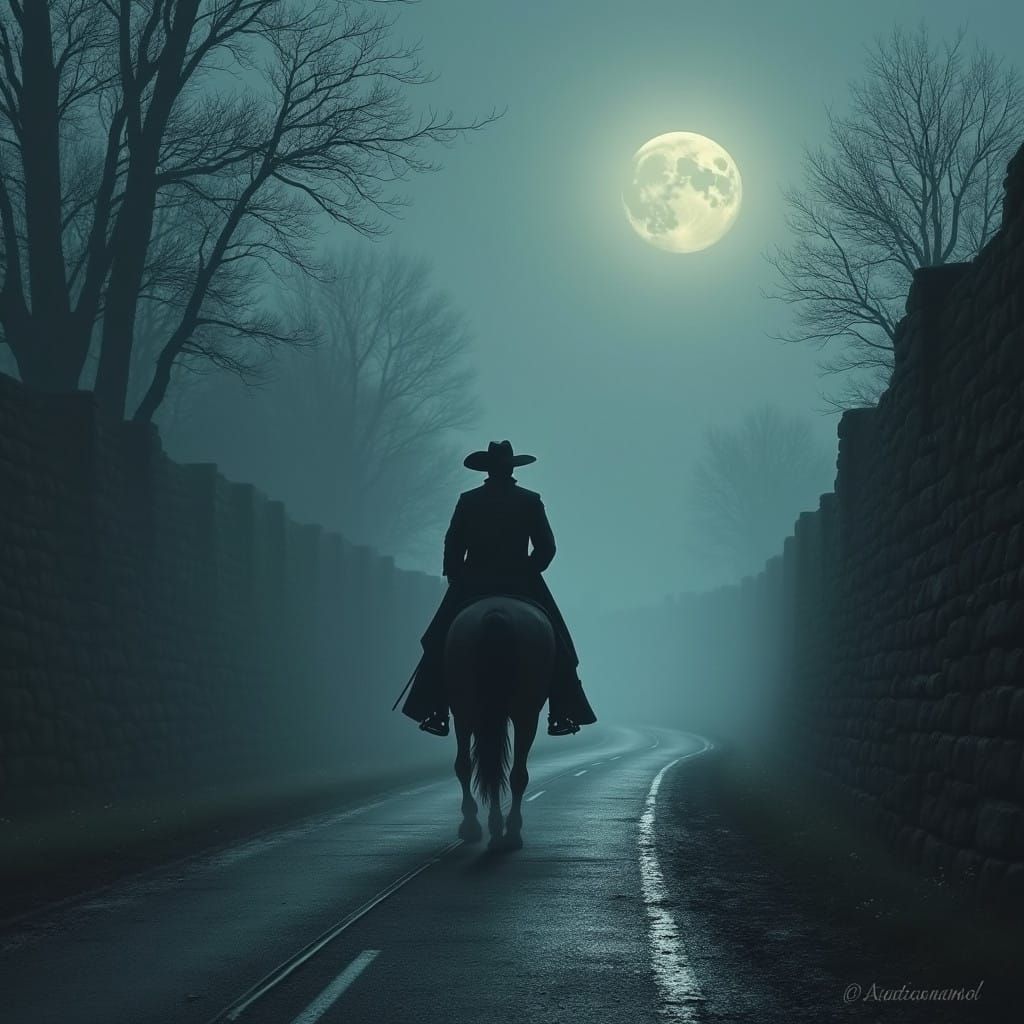 Mysterious Highwayman Rides Under Moonlit Skies