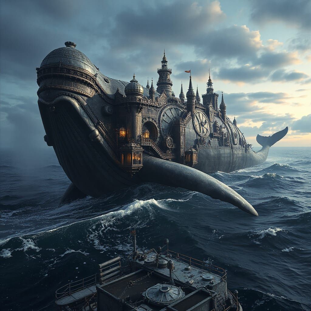 Steampunk Whale City in a Photorealistic Ocean