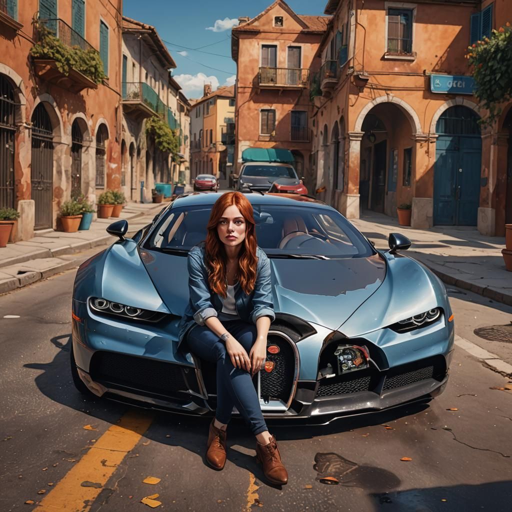Auburn-Haired Woman on Bugatti in Hyperrealistic Style