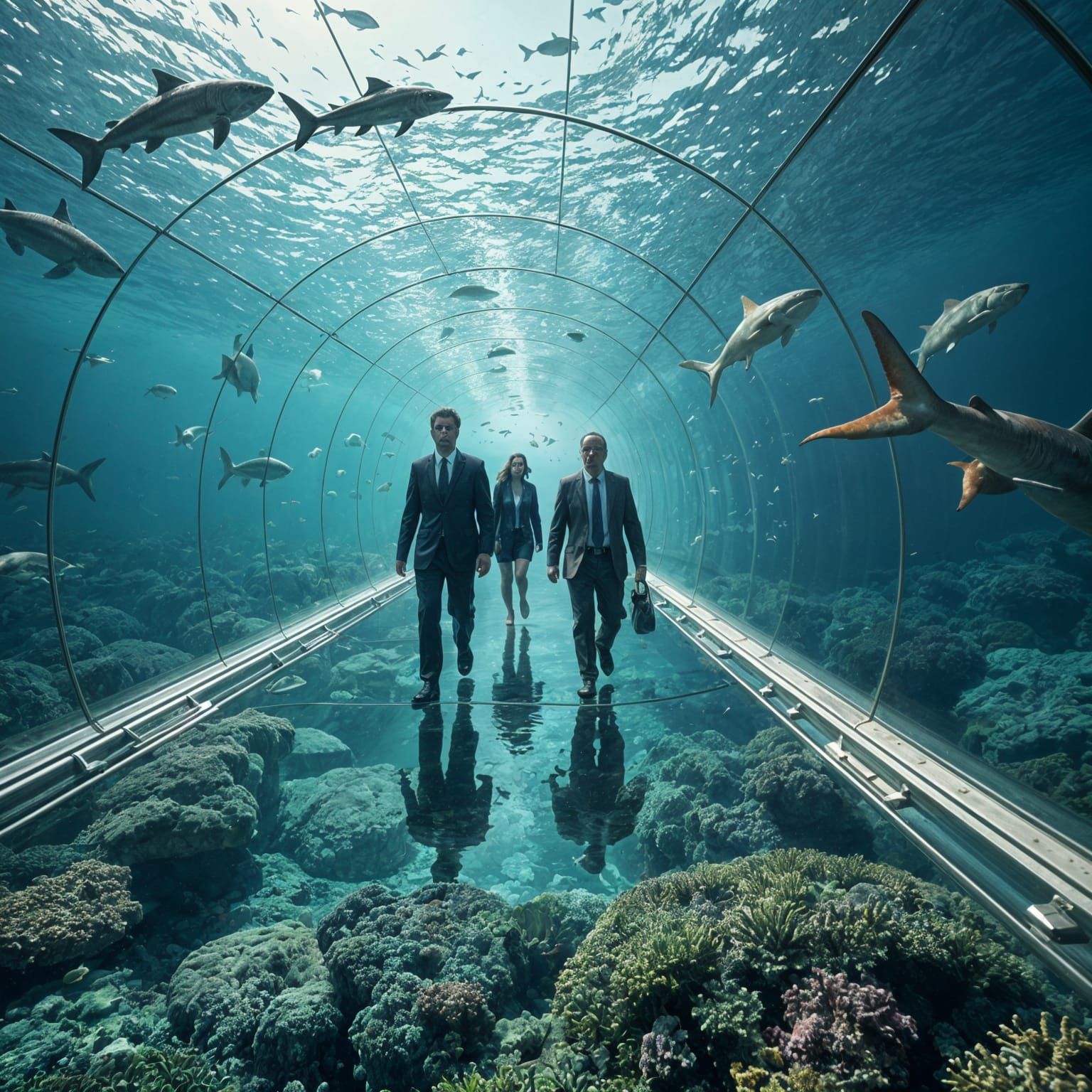 Underwater Corridor: People Walking to Work