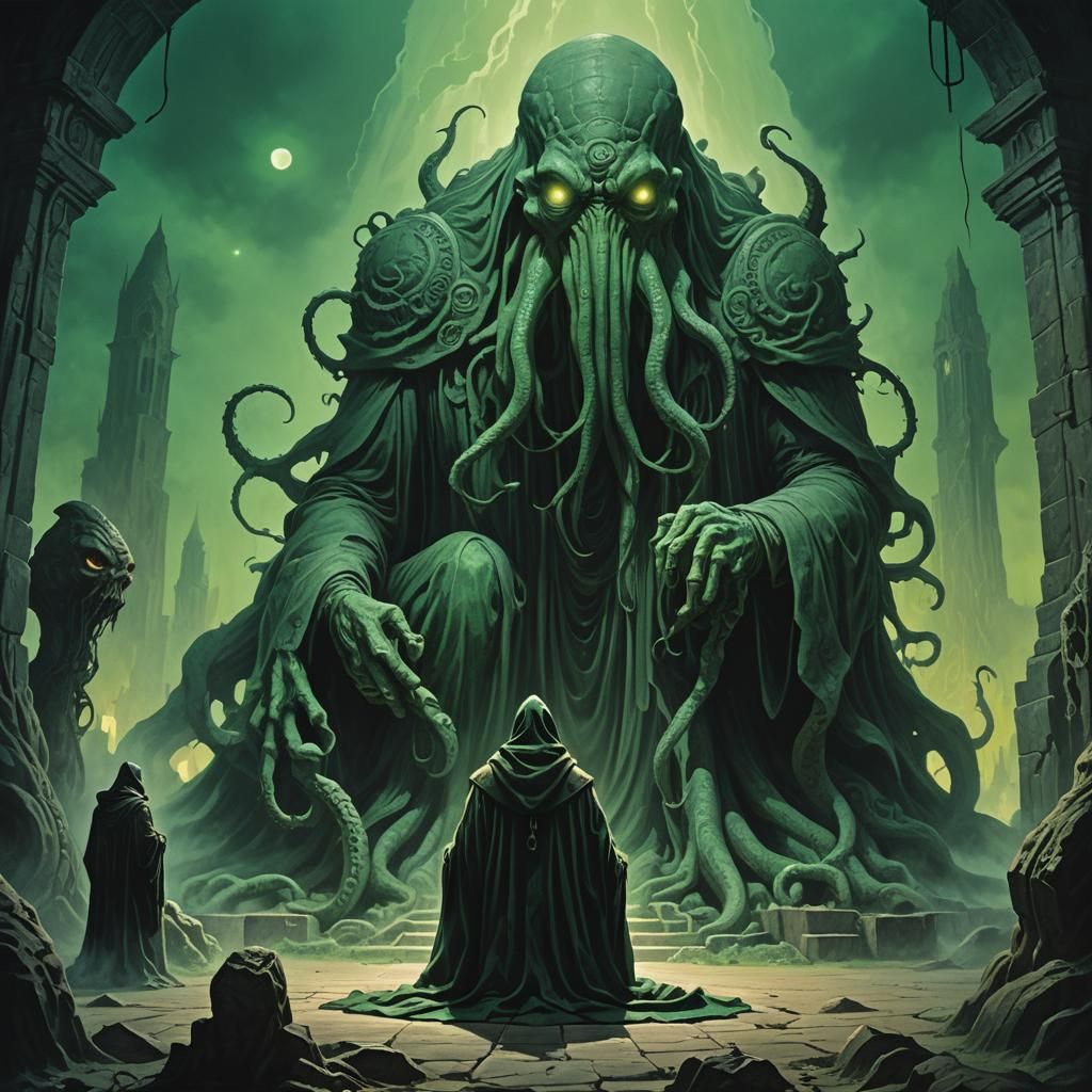 Lovecraftian Cultist Worships Cthulhu Statue