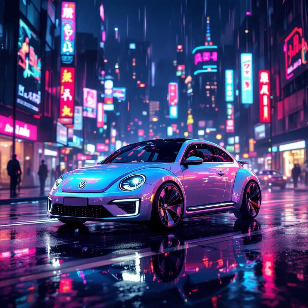 Futuristic Beetle Car in Neon Cyberpunk City
