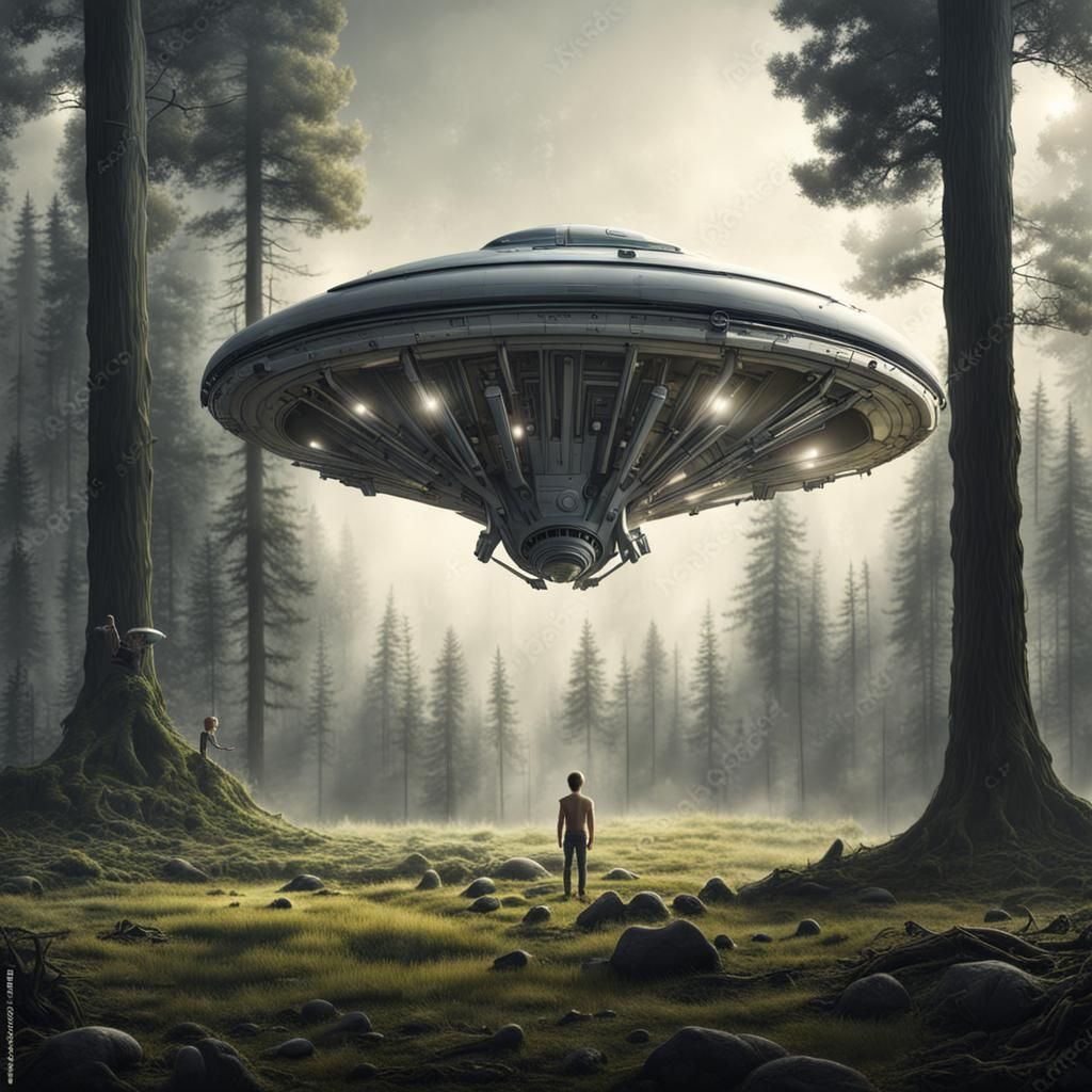 Spaceship Landing at Forest Edge with Alien