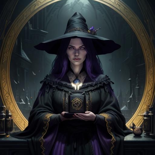 Fantasy Witch and Black Cat, Dark Fantasy Art