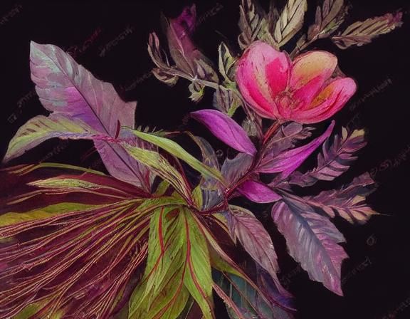 Watercolor Chameleon Plant with Pink Flowers