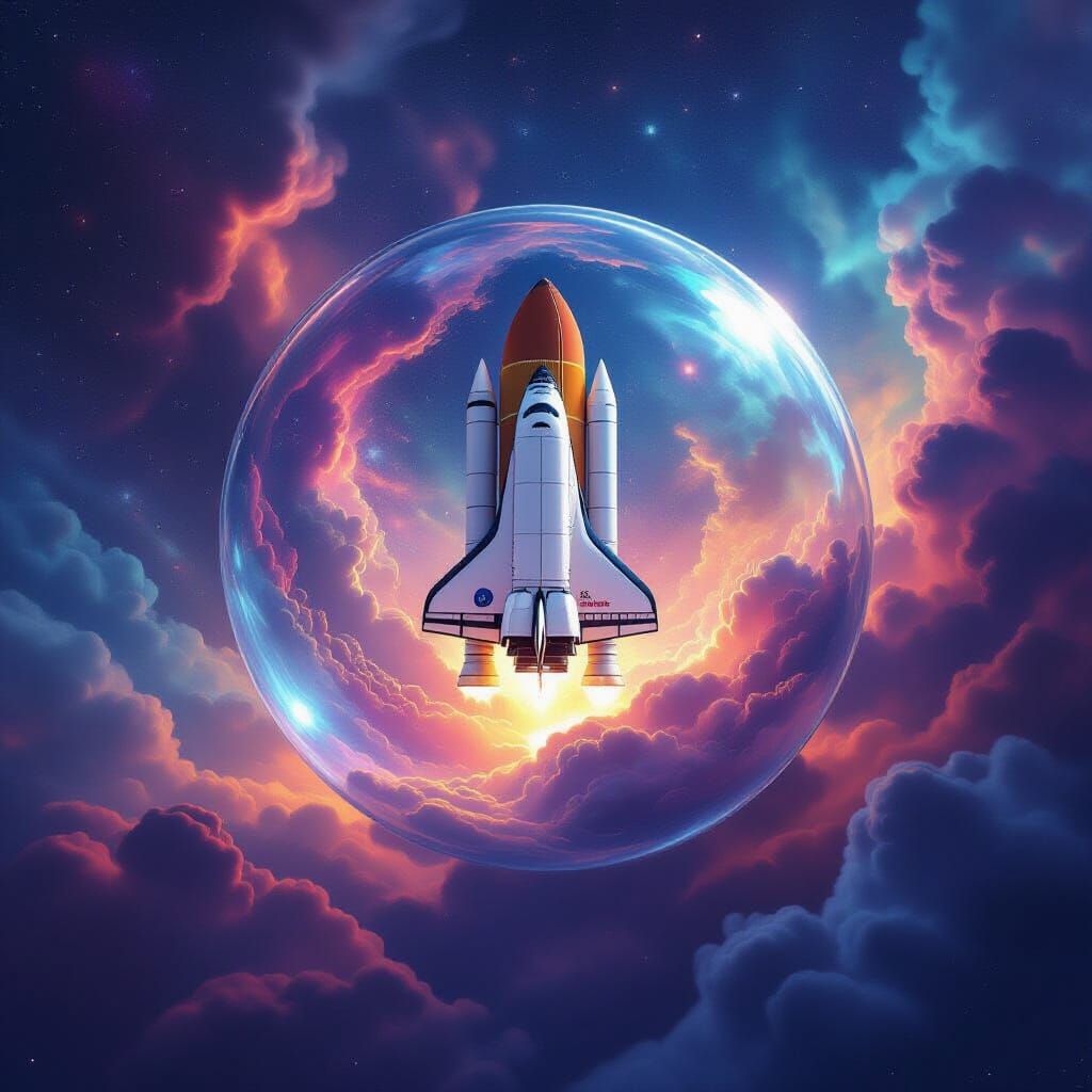 Space Shuttle in Glass Orb with Cosmic Nebulae
