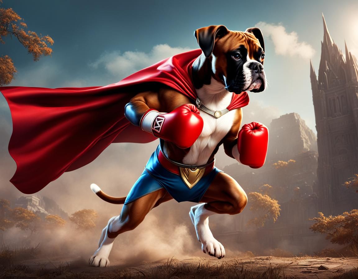 Boxer Dog Superhero Saving Puppy, Matte Painting