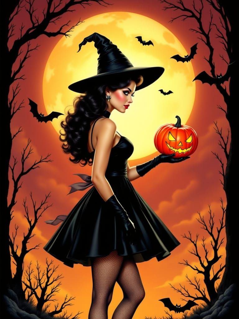 Whimsical Witch with Jack-o'-Lantern in Cartoon Style