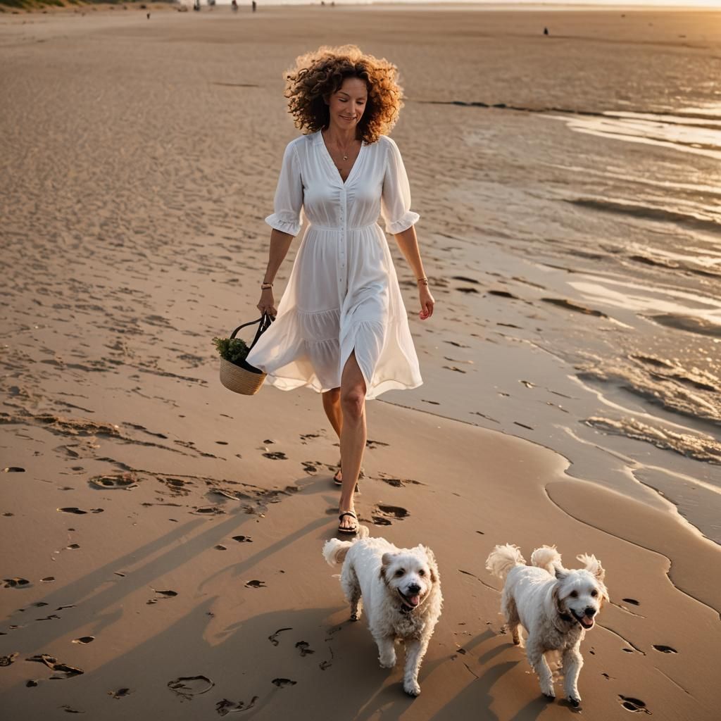 Woman Walking on Beach with Dogs at Sunset