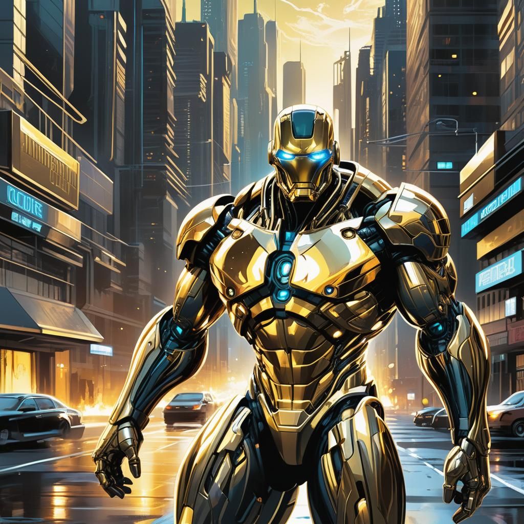 Liquid Gold Cyborg in Futuristic City, Comic Book Art