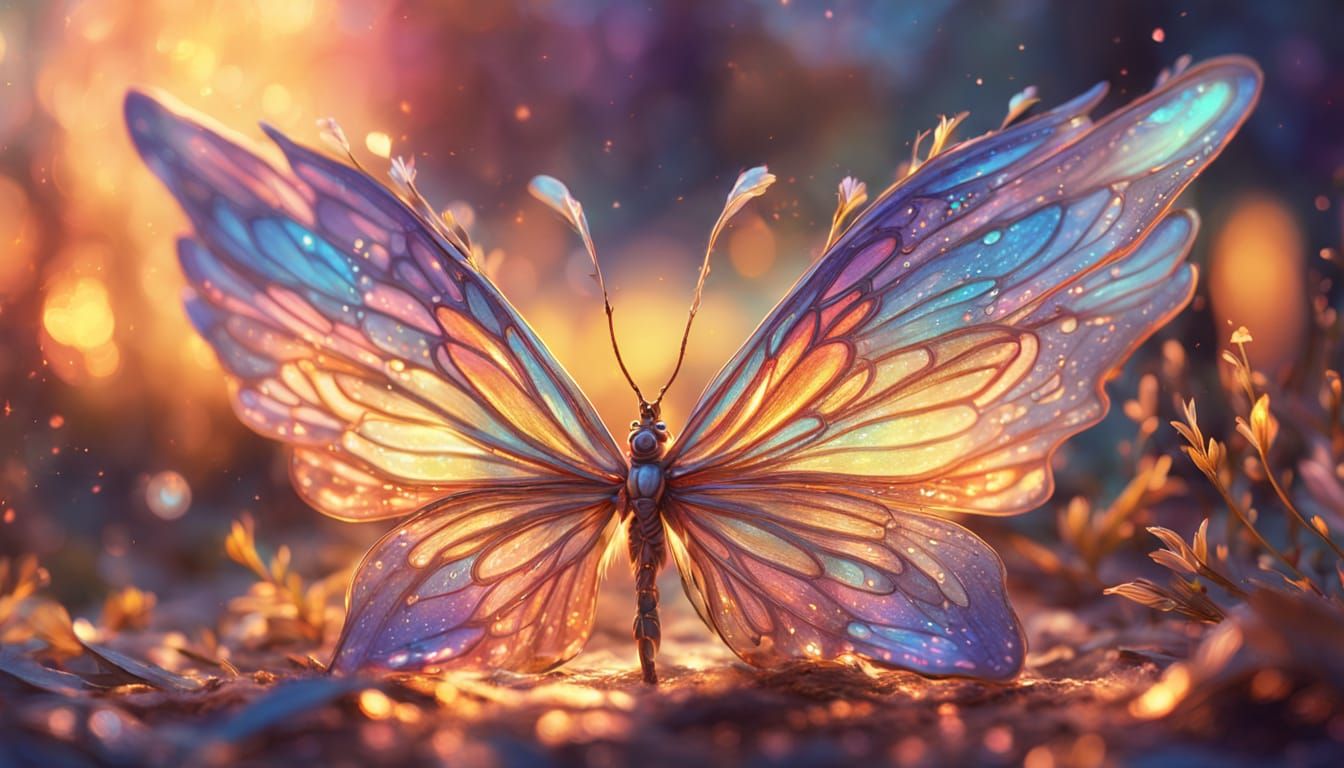 Iridescent Fairy Wings at Sunset in Oil Painting Style