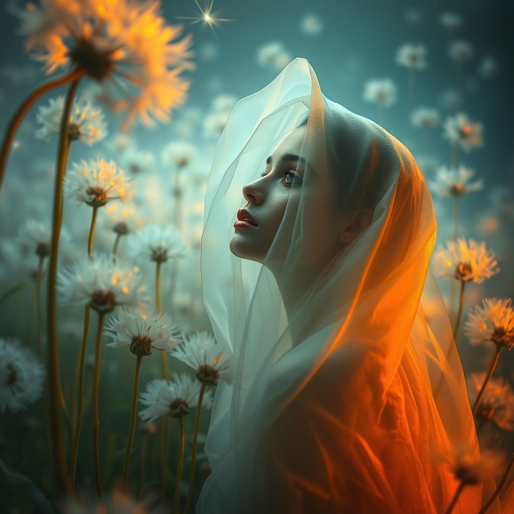 Ethereal Woman in Dandelion Dreamscape, Surreal Portrait