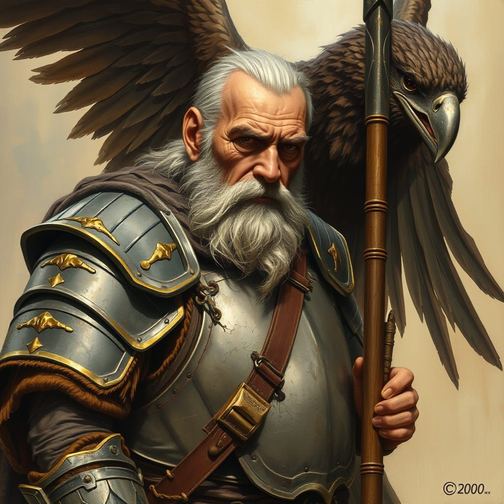Aged Warrior in Armor Leaning on Spear