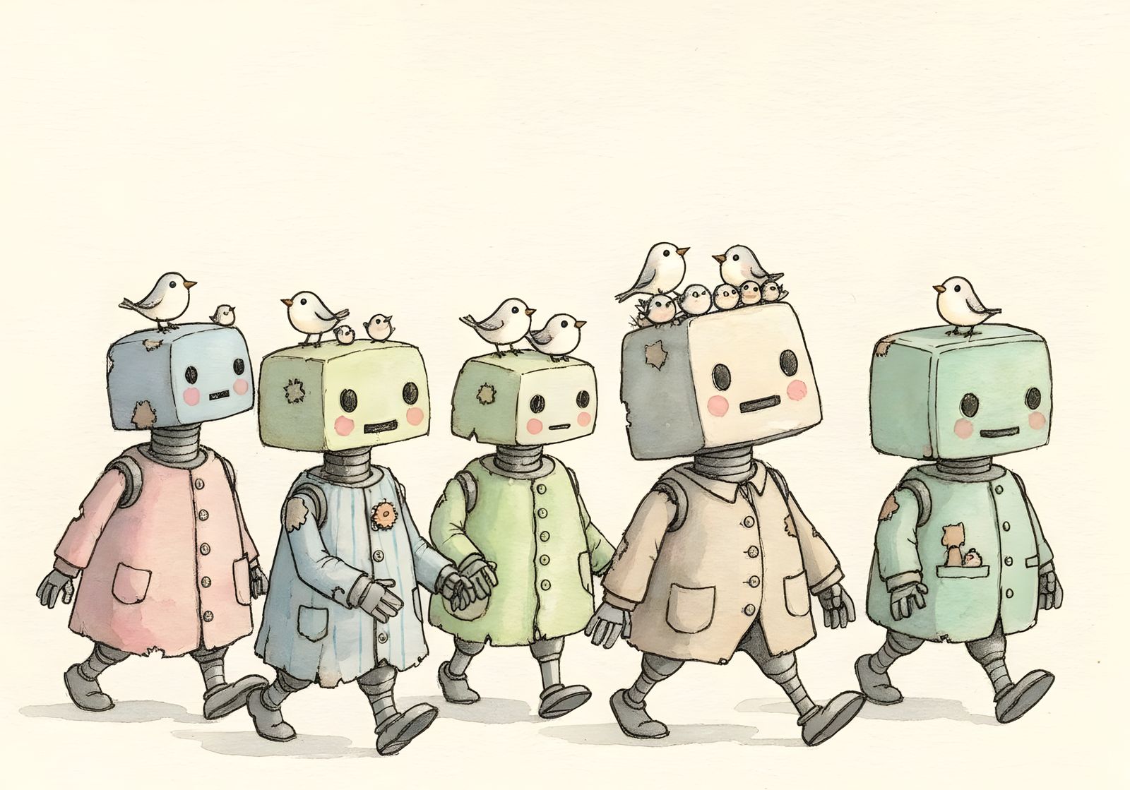 Clumsy Robots Parade with Birds in Gears, Watercolor Style