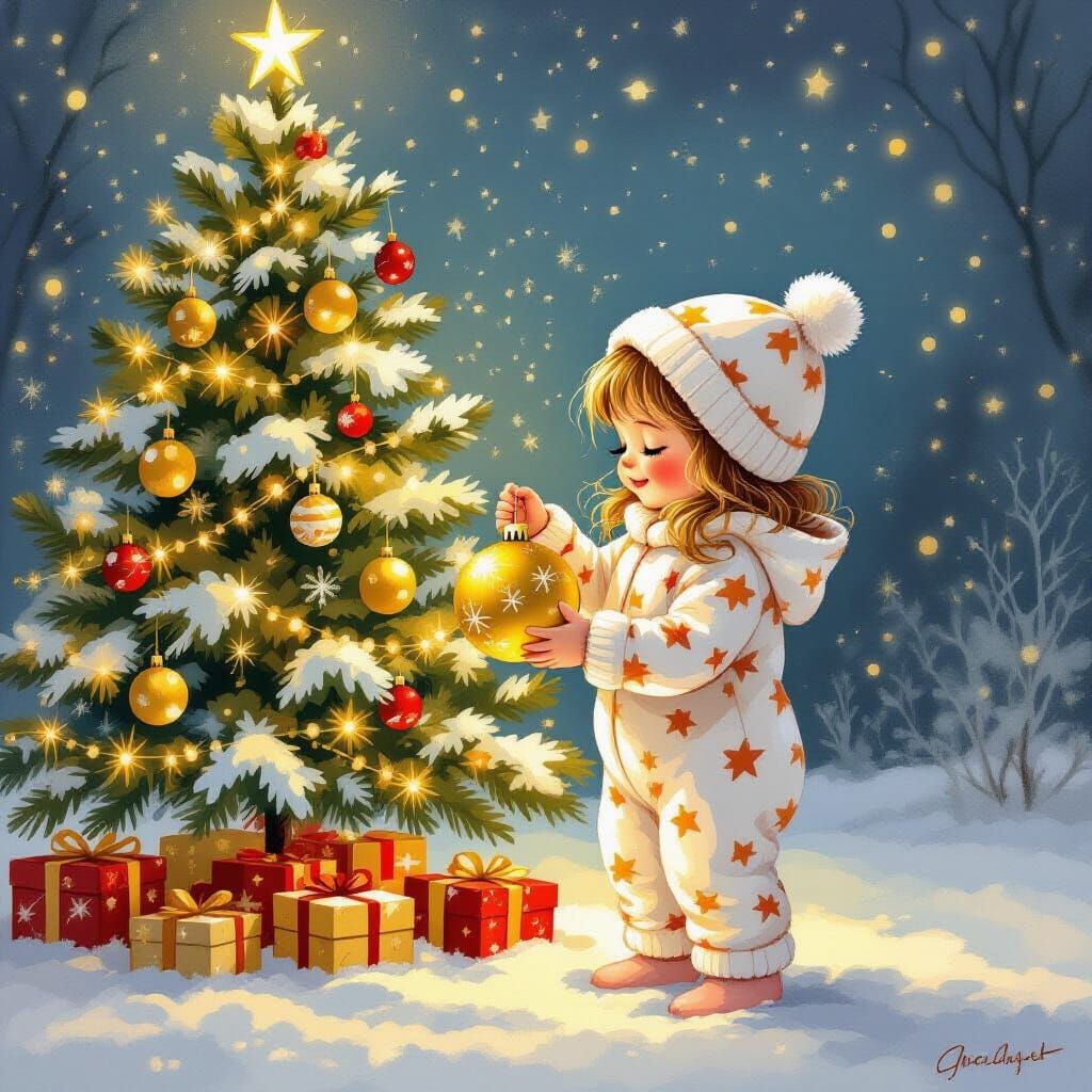 Girl in Cat Pajamas Decorates Snowy Christmas Tree