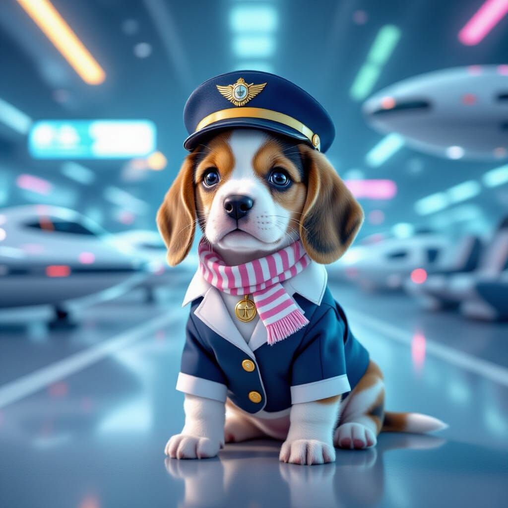 Beagle Puppy Flight Attendant in Futuristic Airport