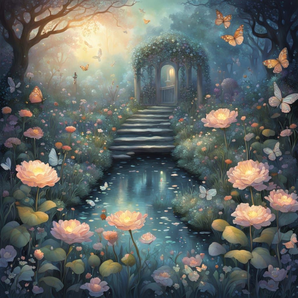 Magical Twilight Garden with Glowing Flowers and Glass Butte...