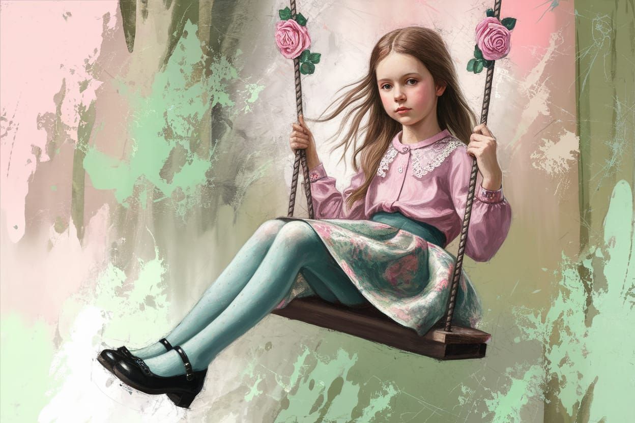 Young Girl on a Whimsical Swing in Soft Pastel Hues