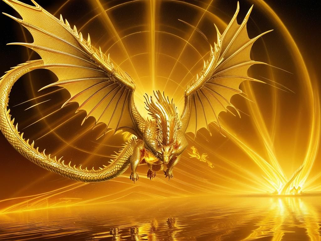 Golden Dragon Soaring Above Temple Treasure Hoard