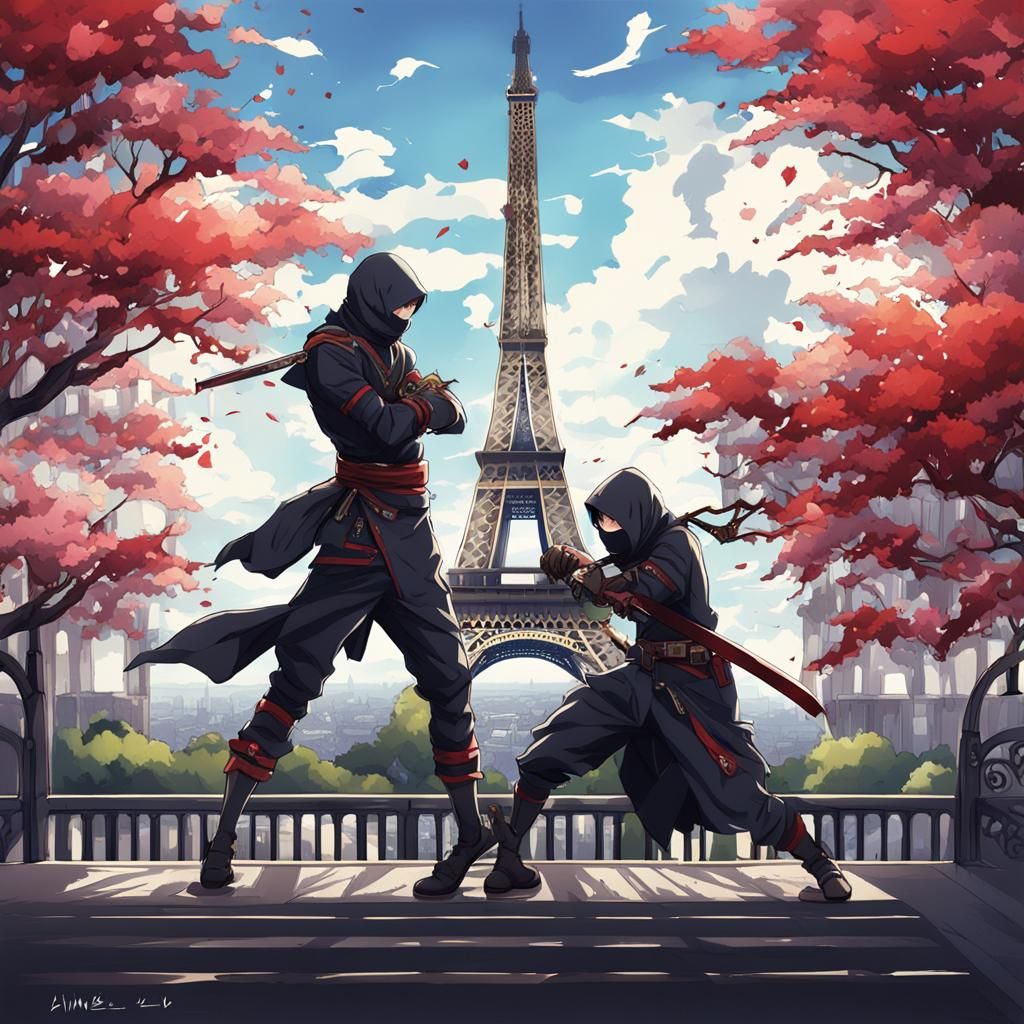 Ninja Assassin on Eiffel Tower in Anime Style