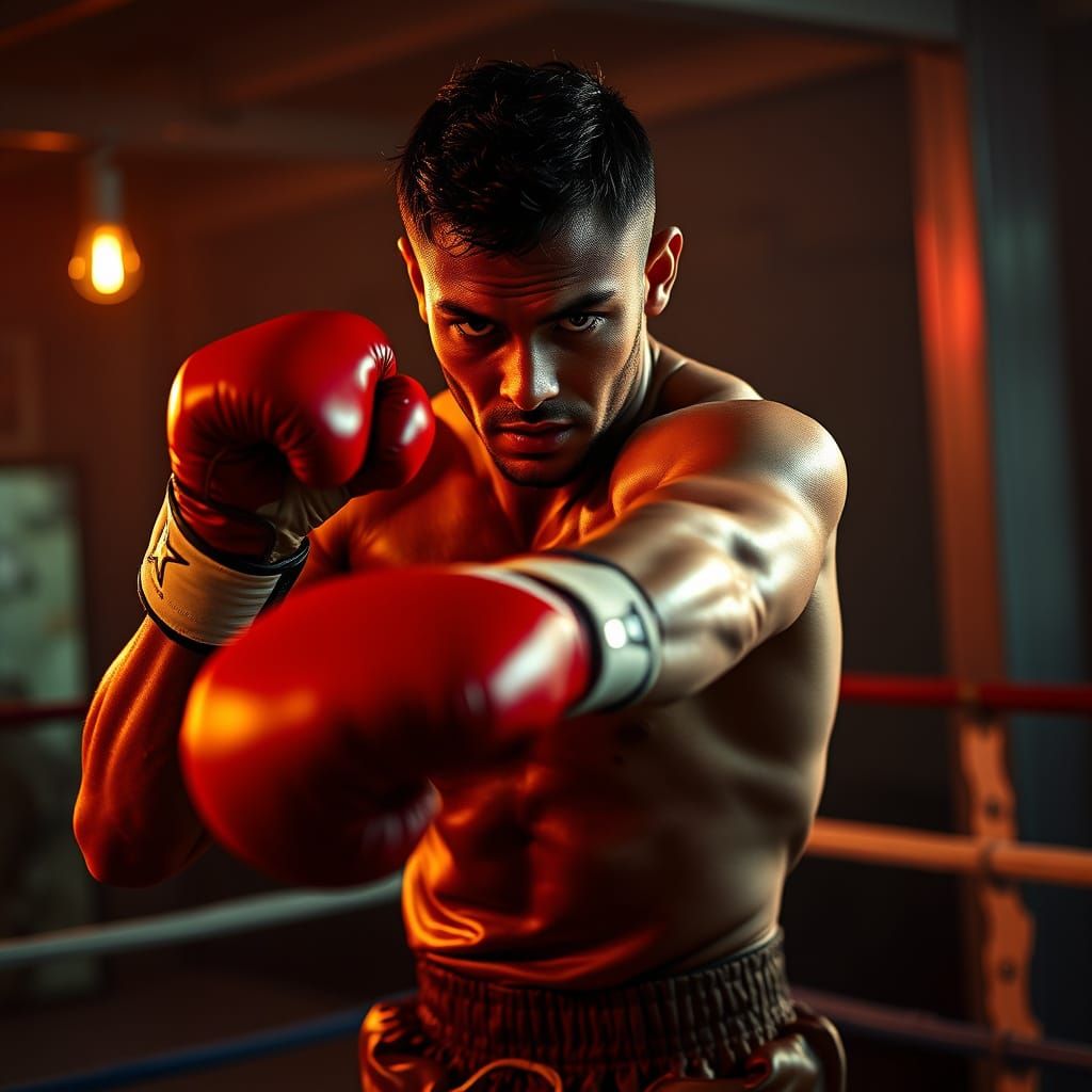 Boxer Throws Powerful Punch in Moody Boxing Gym