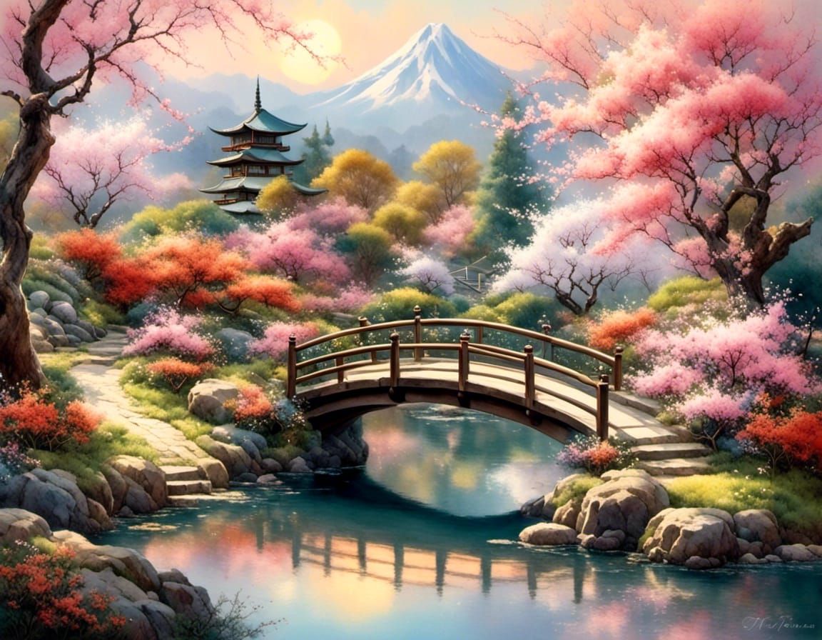 Tranquil Japanese Garden with Cherry Blossoms in Watercolor