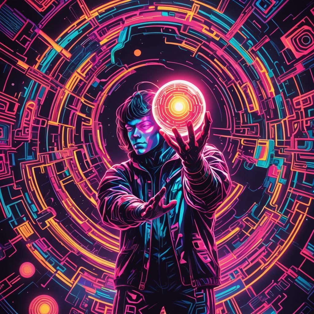 Humanoid with Shining Sphere in Synthwave Style