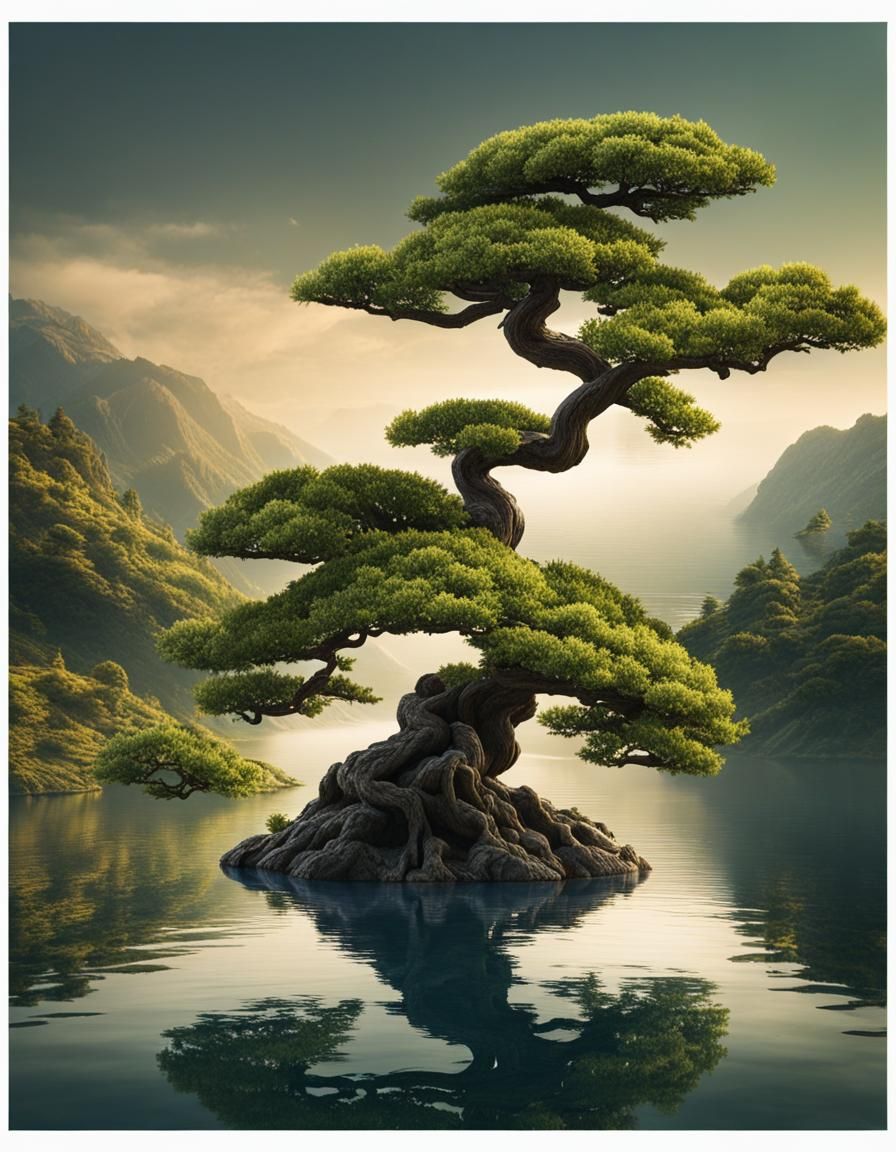 Bonsai Tree in Lake: Matte Painting