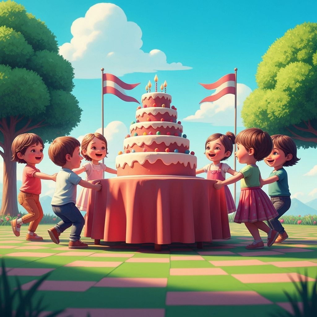 Toddlers Dance Joyfully Around Festive Cake in Candy Art Sty...