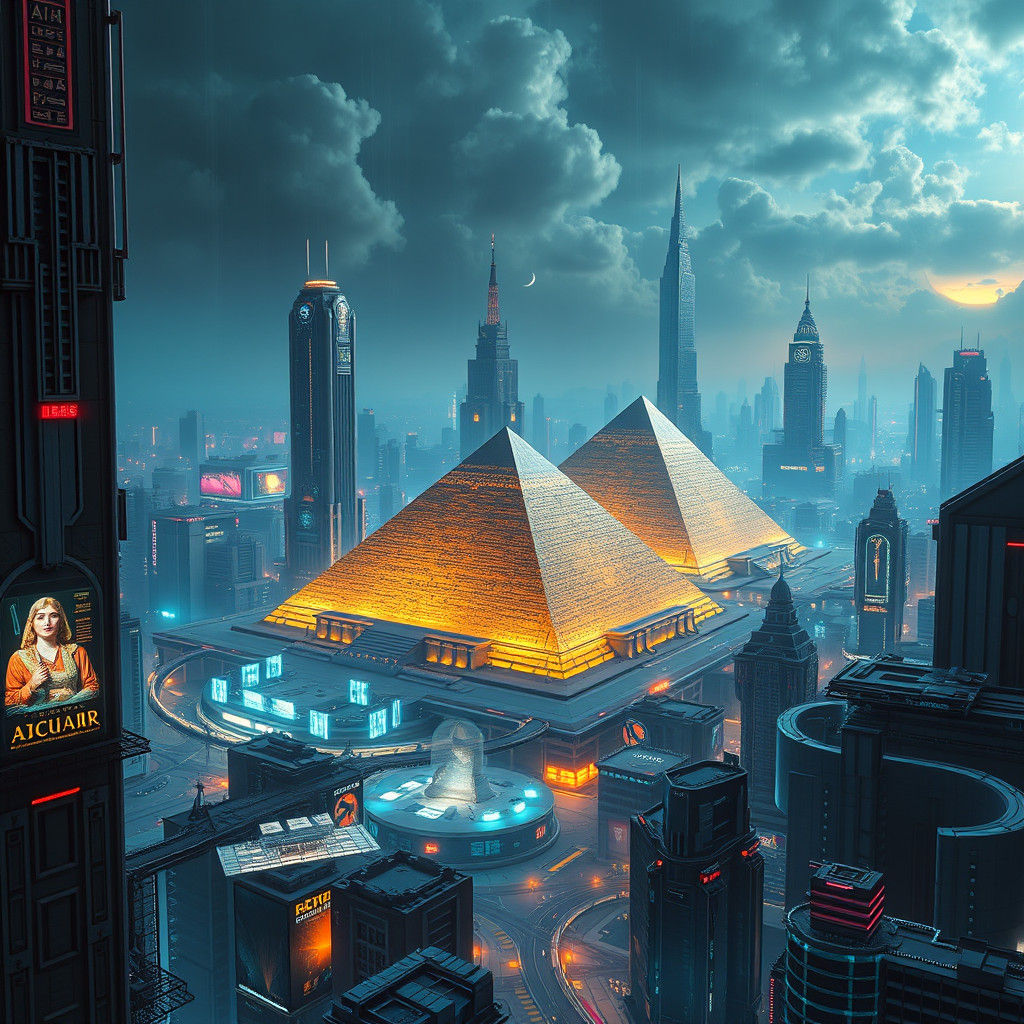 Cyberpunk Giza Pyramids in Futuristic Cityscape