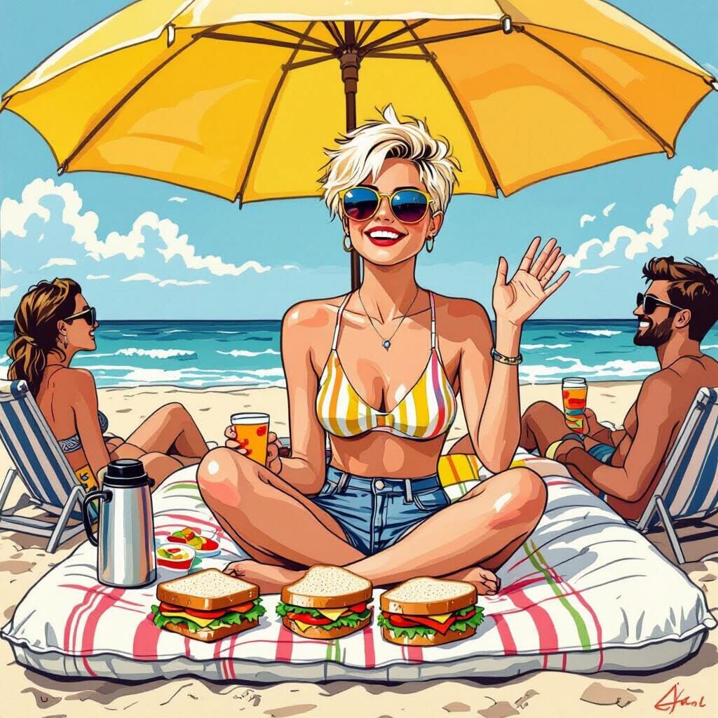 Woman at the Beach, Contour Drawing Style