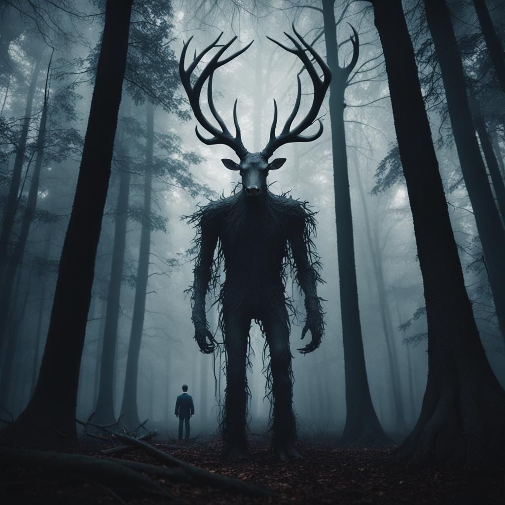 Terrifying Antlered Monster in Dark Forest