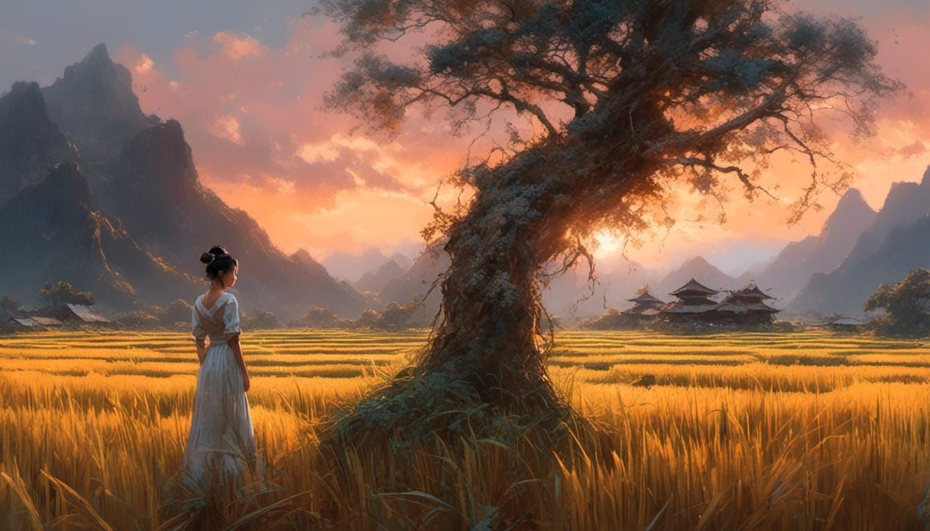 Stunning watercolor painting, Young Asian Woman in a Rice field