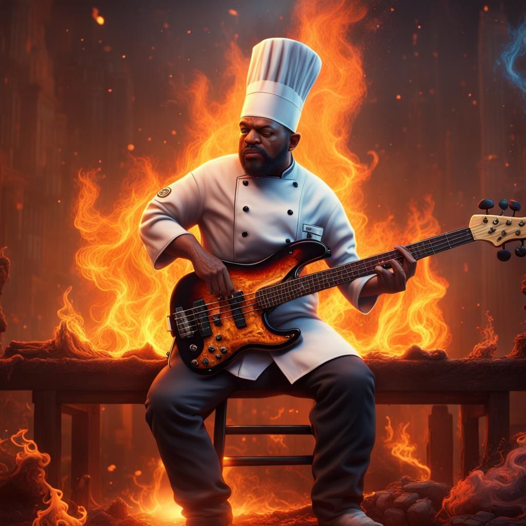 Chef Rocks Out on Bass Guitar in Flames