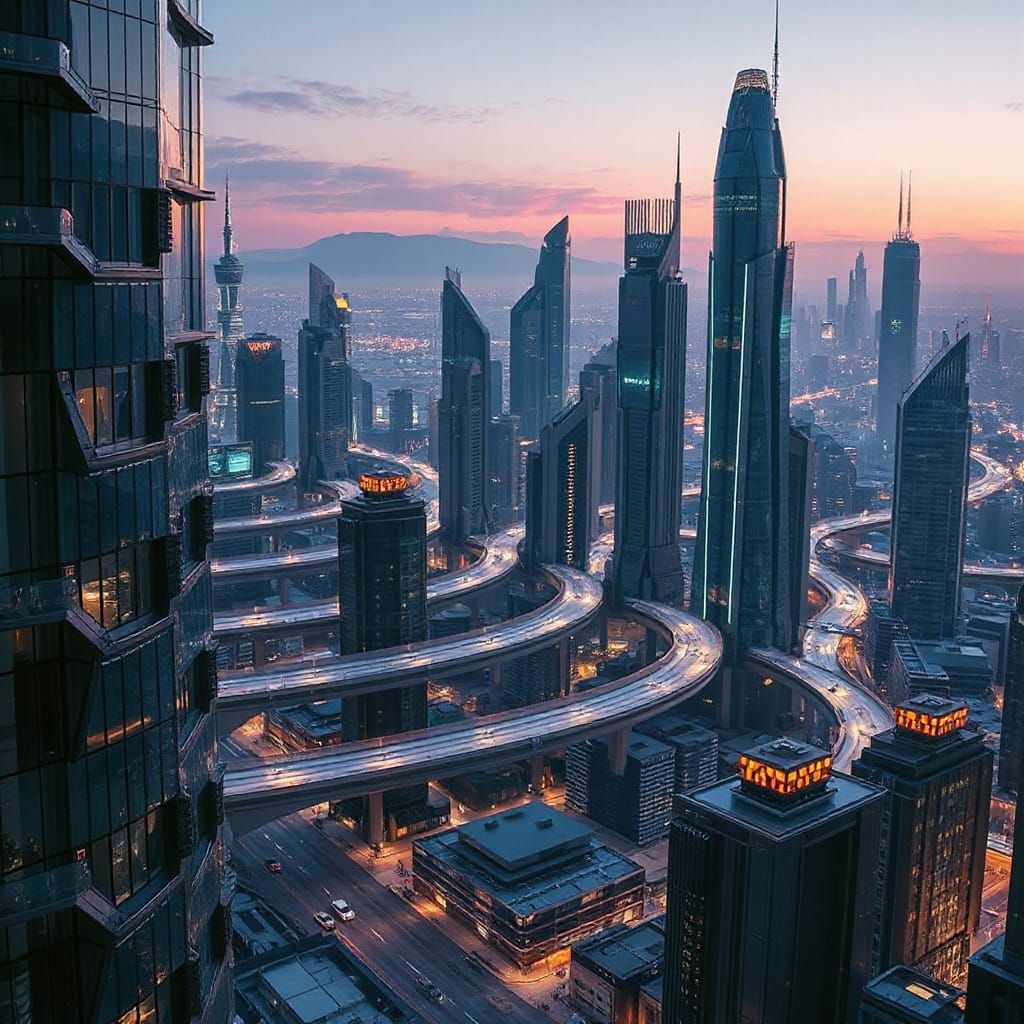 Futuristic Metropolis at Dusk: Cyberpunk Utopia