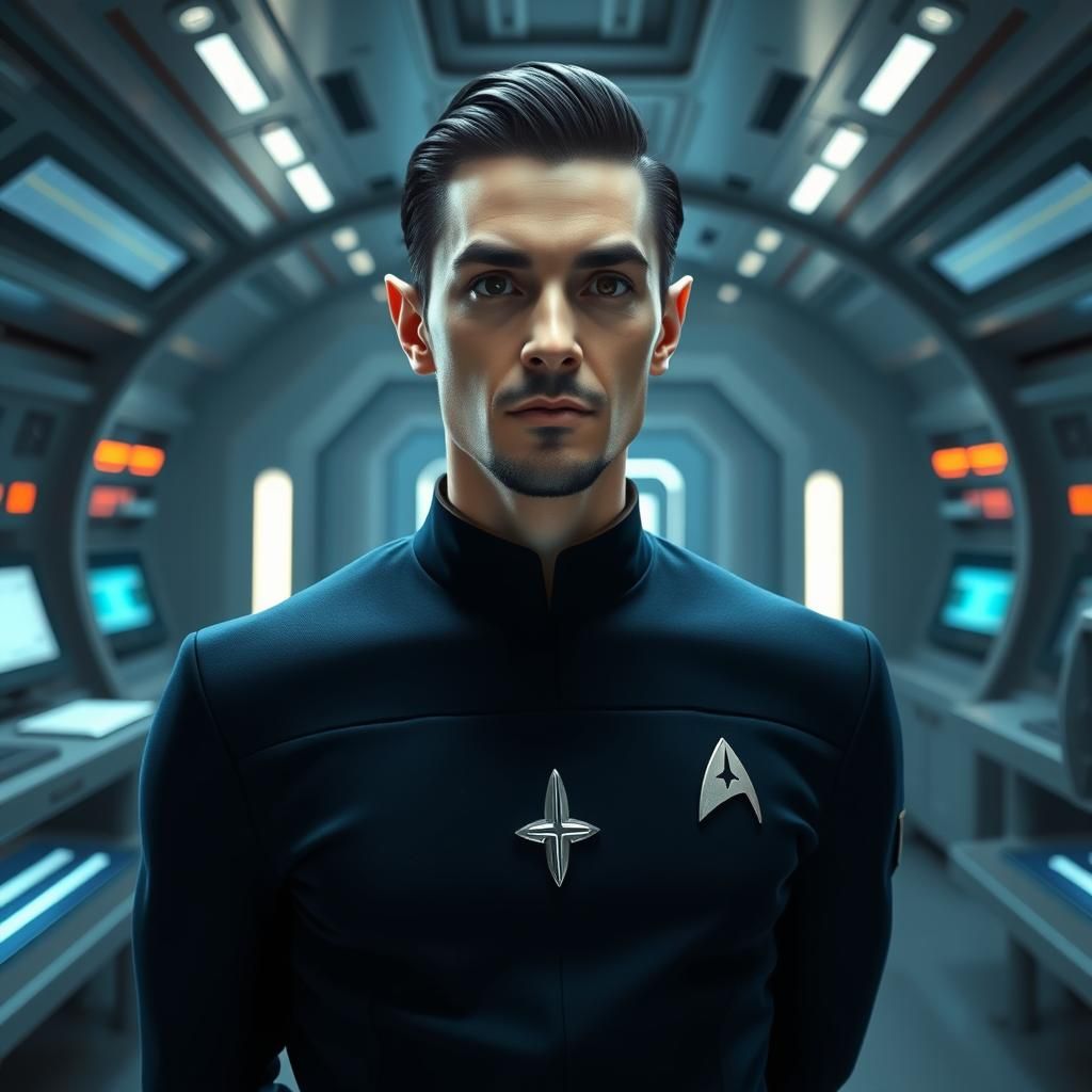 Vulcan in Starfleet Uniform in Futuristic Lab