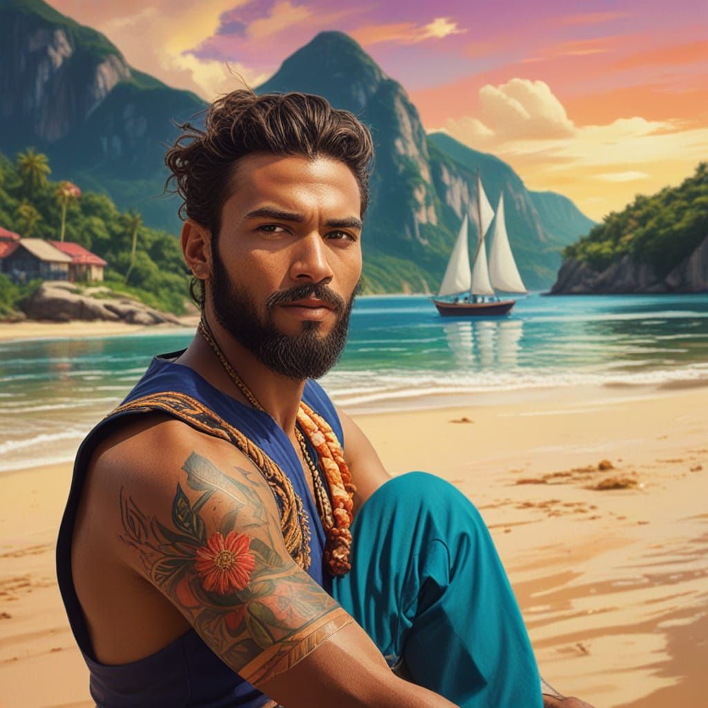 Sailor Exploring Exotic Island: Vibrant Oil Painting