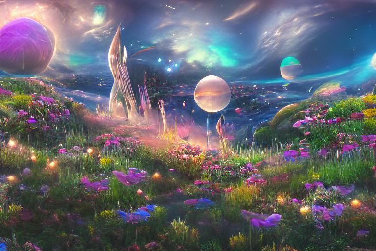 Iridescent Sci-Fi Zen Garden Under Cosmic Sky