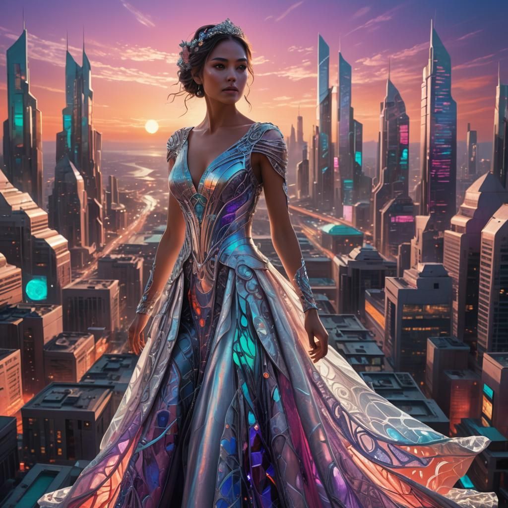 Futuristic Bride in Cityscape: Digital Concept Art