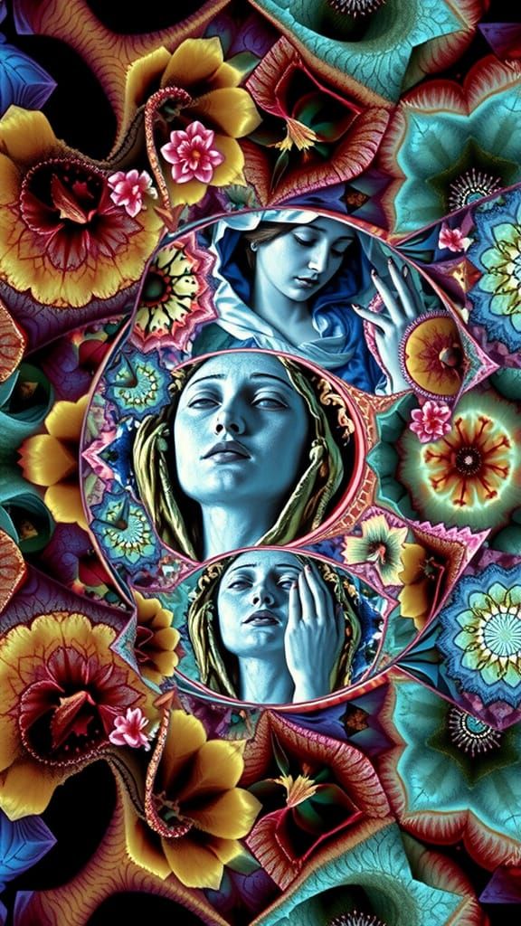 Madonna and Child with Mandelbrot Flowers in Surreal Cubism