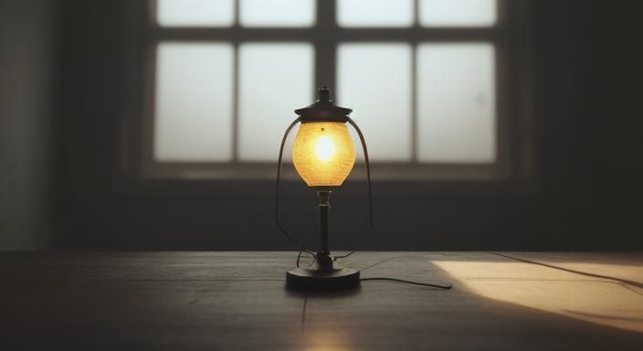 Plate Lamp in Abandoned Room: Cinematic Film Still