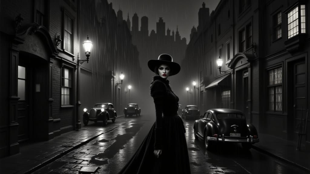 Film Noir Femme Fatale in Rainy Gotham
