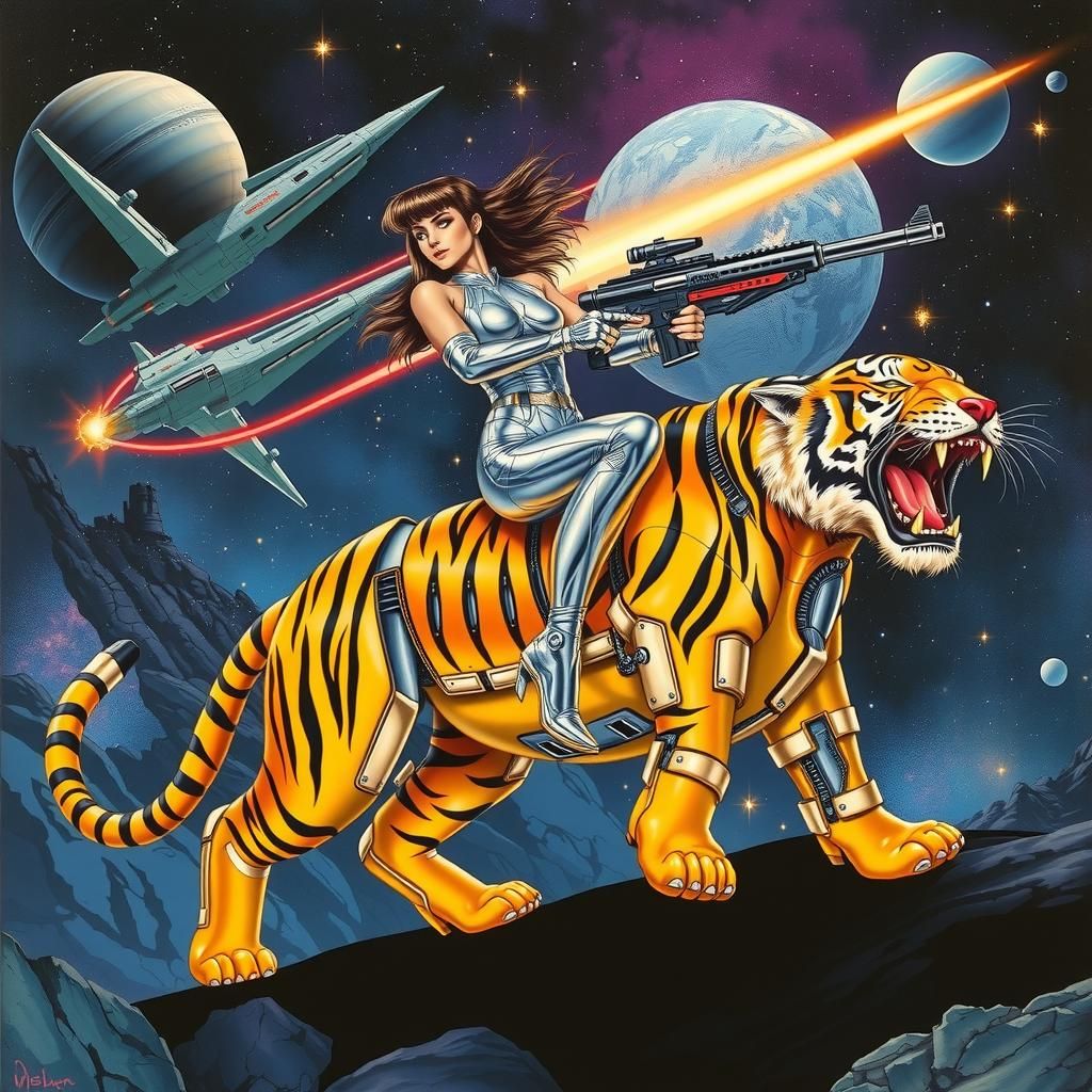Cyberpunk Woman on Robotic Tiger Defending Space