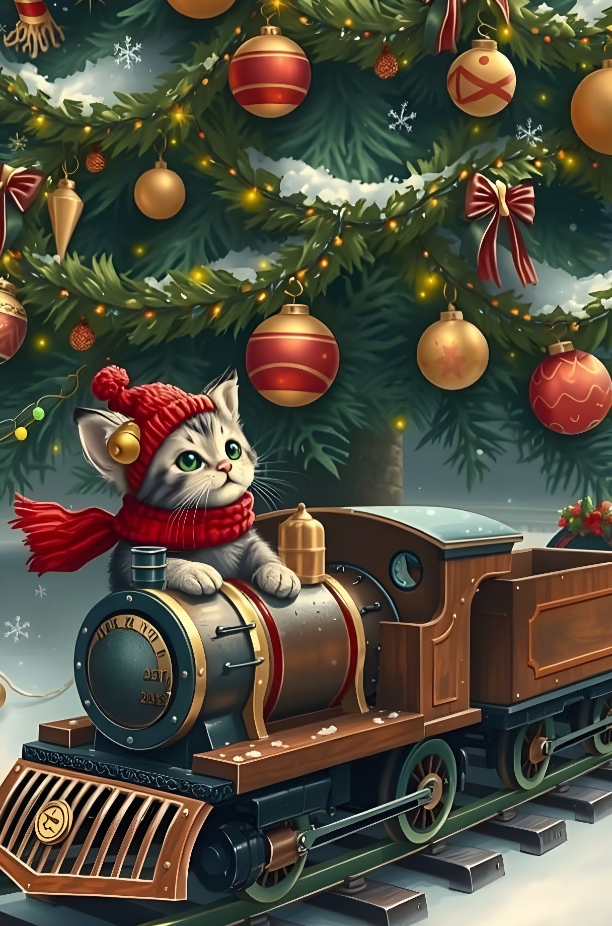 Kitten at the Helm of a Vintage Toy Train